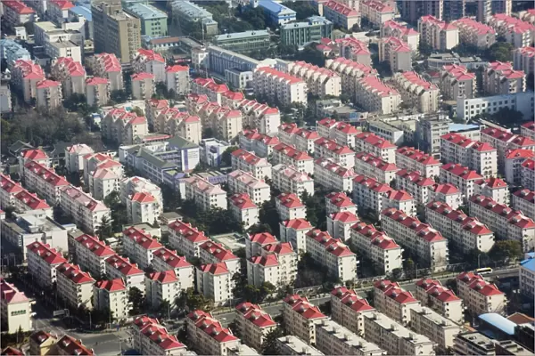 Aerial view of residential housing estate in Pudong area of Shanghai, China, Asia