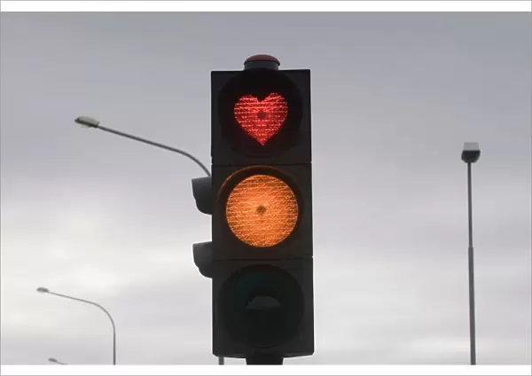 Heart as red light of a traffic light, Akureyri, Iceland, Polar Regions