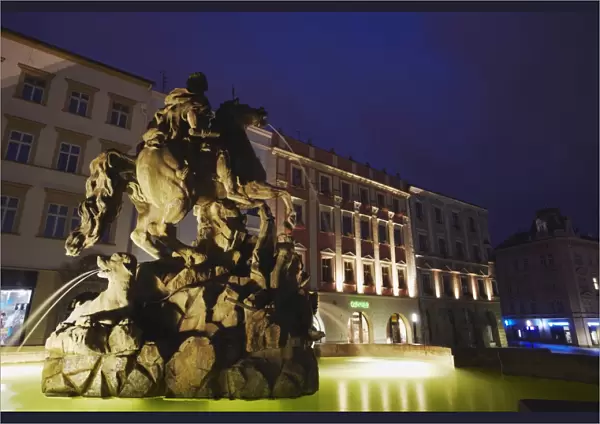 Caesars Fountain in Upper Square (Horni Namesti) at dusk, Olomouc