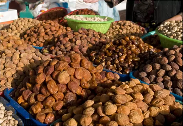 Dried fruits on market stall, Osh, Kyrgyzstan, Central Asia, Asia