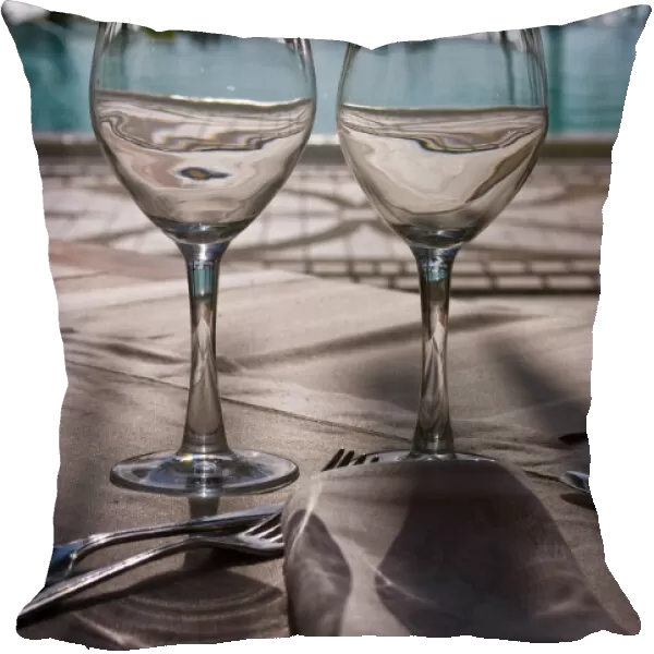 Wine glasses in front of the pool of the Beachcomber Le Paradis, Mauritius