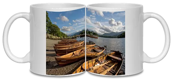 Boats moored at Derwentwater, Lake District National Park, Cumbria, England