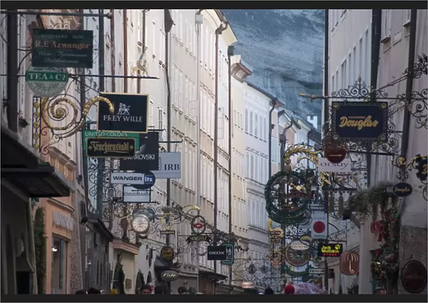 Signs in Getreidegasse, the main shopping street, Salzburg, Austria, Europe