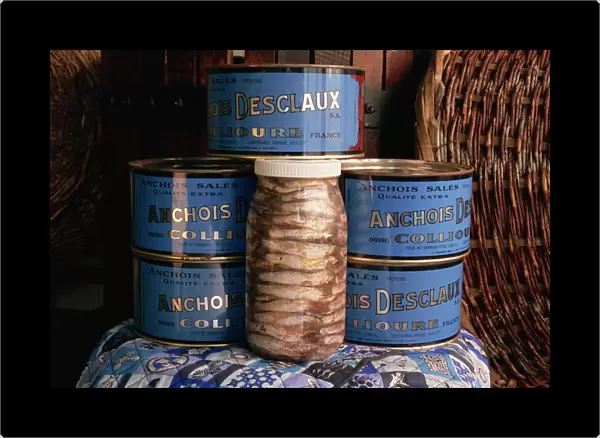 Jars and tins of anchovies, Desclaux factory, Collioure, Roussillon, France, Europe
