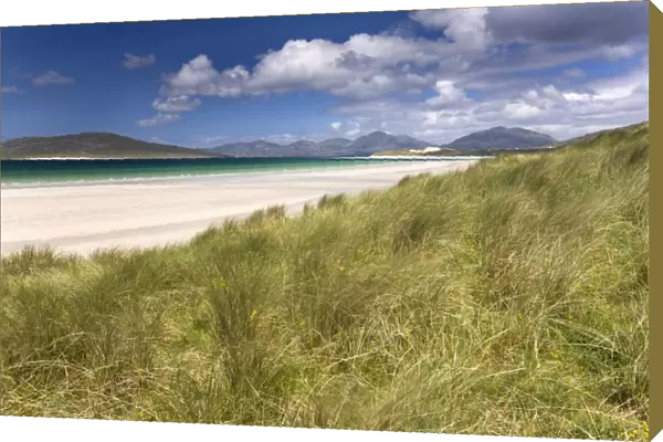 Looking across the machair to the white sand beach of Seilebost at low tide