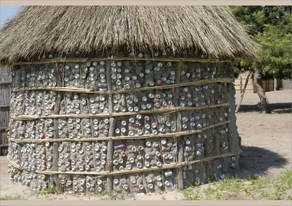 Recycling of aluminium cans as used in traditional house, Botswana, Africa