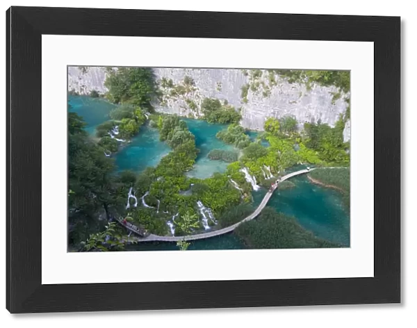 View over a footbridge in the lower Plitvice Lakes National Park, UNESCO World Heritage Site