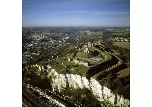 Aerial image of Dover Castle over the white Cliff of Dover, Kent, England