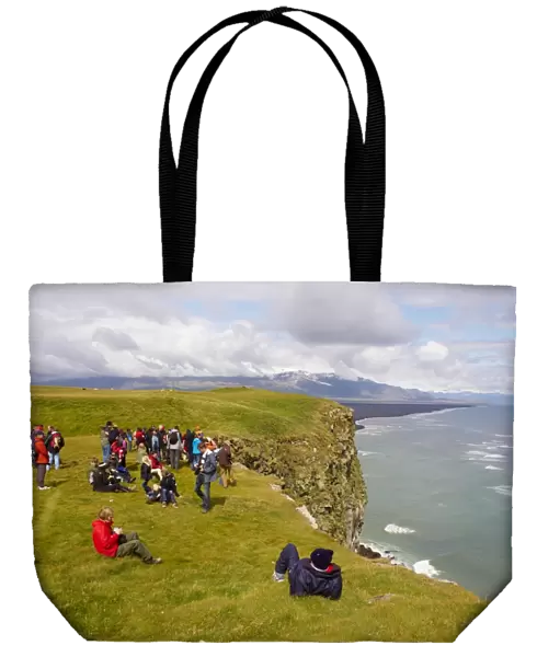 Tourists looking the colonies of puffins nests in the cliffs of Vik, Iceland