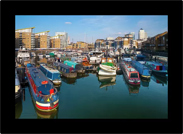 Limehouse Basin and Canary Wharf beyond, London, England, United Kingdom, Europe