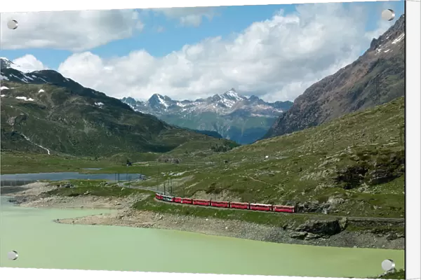 The Glacier Express train near St. Moritz, Canton Graubunden, Swiss Alps