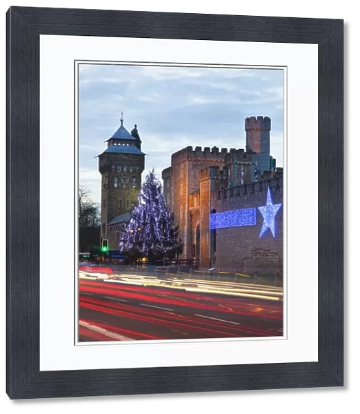 Cardiff Castle with Christmas lights and traffic light trails, Cardiff