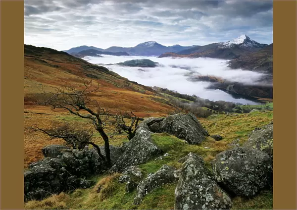 Mist over Llyn Gwynant and Snowdonia Mountains, Snowdonia National Park