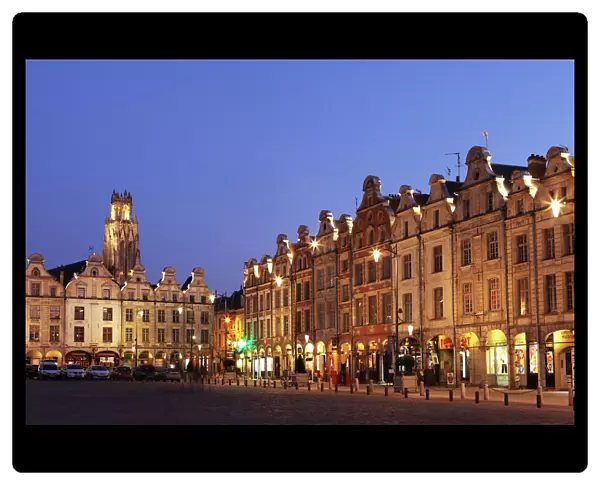Flemish Baroque architecture at night on the Petite Place (Place des Heros), Arras, Nord-Pas de Calais, France, Europe
