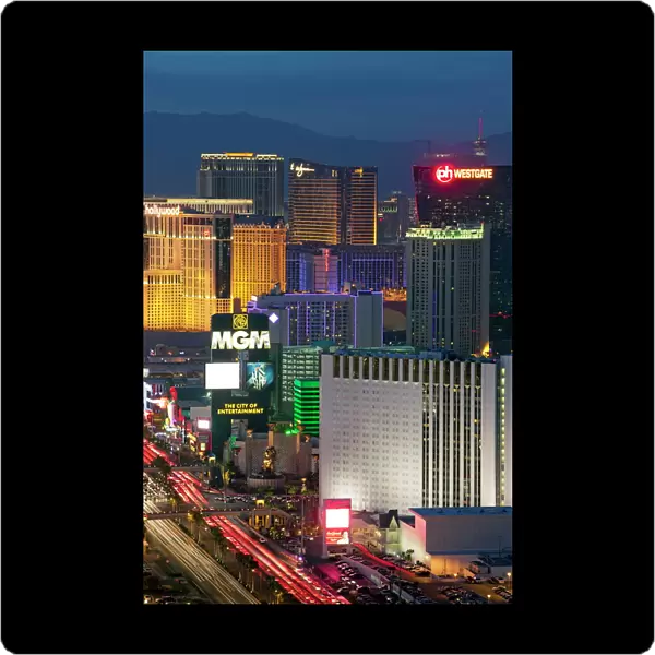 Elevated dusk view of the hotels and casinos along the Strip, Las Vegas, Nevada, United States of America, North America