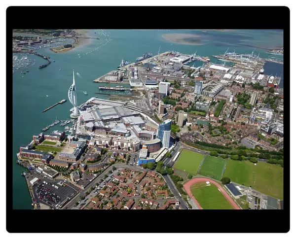 Aerial view of the Spinnaker Tower and Gunwharf Quays, Portsmouth, Hampshire, England, United Kingdom, Europe