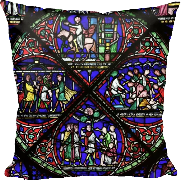 Medieval stained glass depicting the Cure of Eilward of Westoning, Becket Miracle Window 5, Trinity Chapel Ambulatory, Canterbury Cathedral, UNESCO World Heritage Site, Canterbury, Kent, England, United Kingdom, Europe
