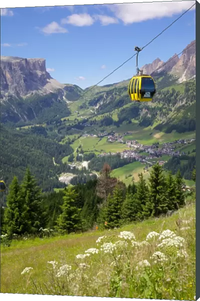 View from Col Alto and cable car, Corvara, Badia Valley, Bolzano Province, Trentino-Alto Adige  /  South Tyrol, Italian Dolomites, Italy, Europe