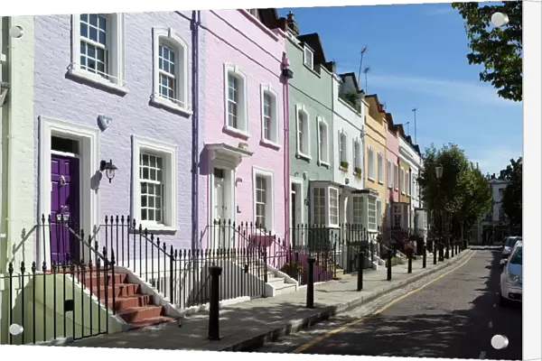 Pastel coloured terraced houses, Bywater Street, Chelsea, London, England, United Kingdom, Europe