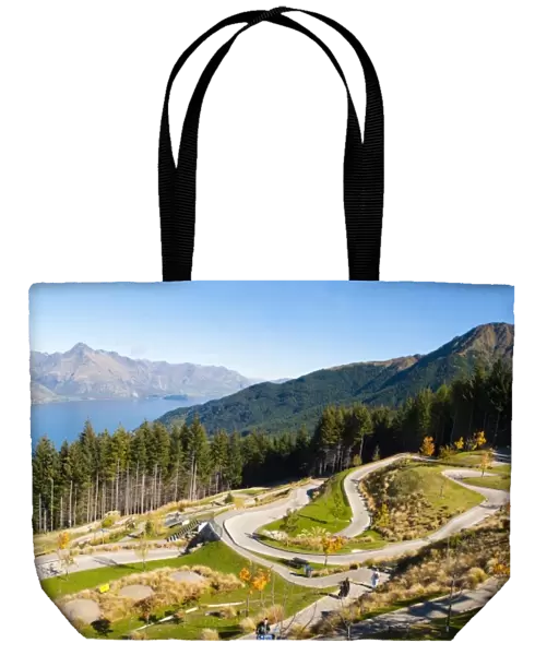 Panorama of the luge track above Queenstown, Otago, South Island, New Zealand, Pacific