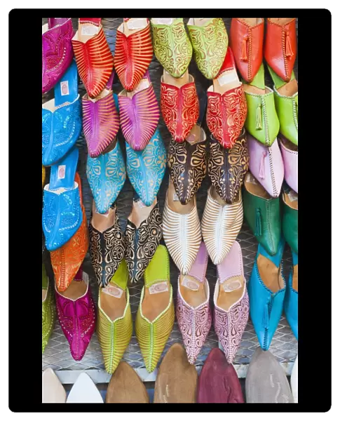 Colourful babouche for sale in thesouks in the old Medina, Place Djemaa El Fna, Marrakech, Morocco, North Africa, Africa