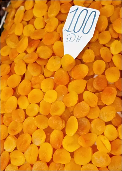 Dried apricots for sale in the souks in Djemaa El Fna, Marrakech, Morocco, North Africa, Africa