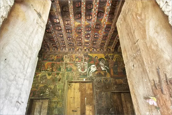 Ancient wall paintings inside the Debre Birhan Selassie Church, Gondar, Ethiopia, Africa