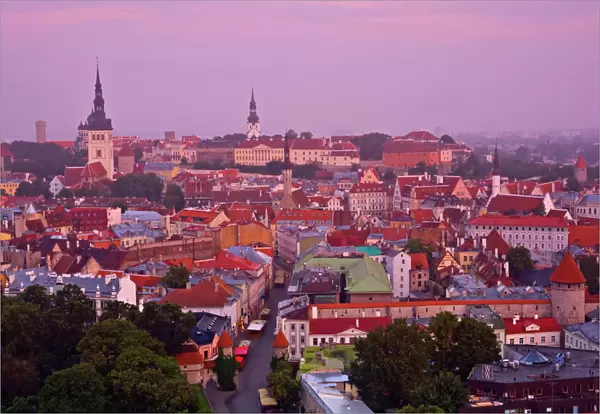 Elevated view over Old Town at dawn, Tallinn, Estonia, Europe
