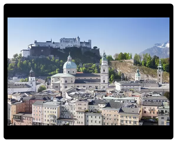 High angle view of the old town with Hohensalzburg Fortress, Dom Cathedral and Kappuzinerkirche Church, UNESCO World Heritage Site, Salzburg, Salzburger Land, Austria, Europe