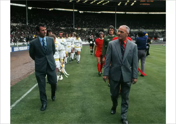 Clough and Shankly lead their teams out for the 1974 Charity Shield