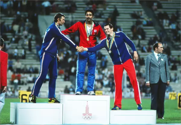 The podium for the decathlon at the 1980 Moscow Olympics