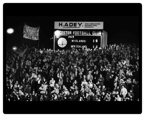 The scoreboard shows the Midlands ahead against the All Blacks in 1983