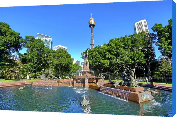 The Westfield Sydney Tower and a Hyde Park fountain, Sydney, New South Wales, Australia