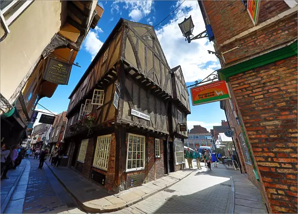 Shambles and Little Shambles street scene with Tudor style buildings in York, Yorkshire