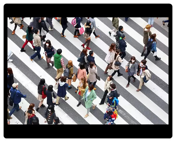 Street scene of people on a zebra crossing in Harajuku, Tokyo, Japan