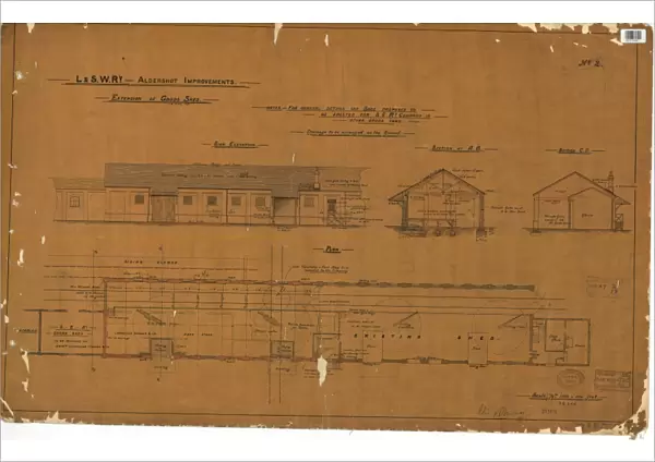 L&S. W. RY Aldershot Improvements - Extension of Goods Shed - Side elevation, Plan and sections [1896]