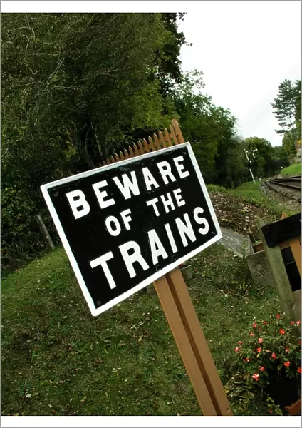 Beware of the trains Crowcombe Heathfield station, West Somerset Railway