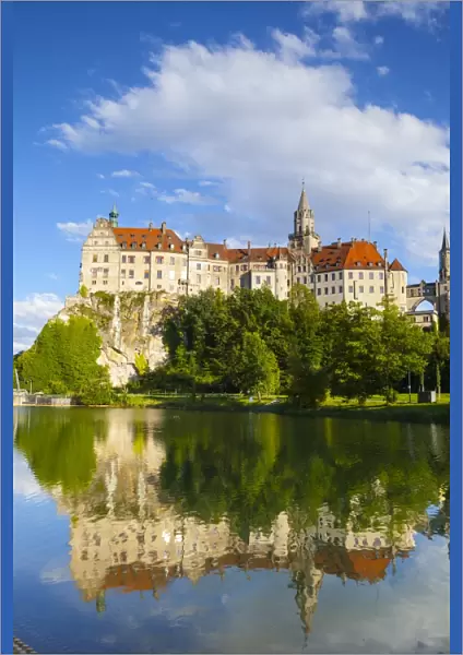 Sigmaringen Castle reflected in the river Danube, Swabia, Baden Wurttemberg, Germany