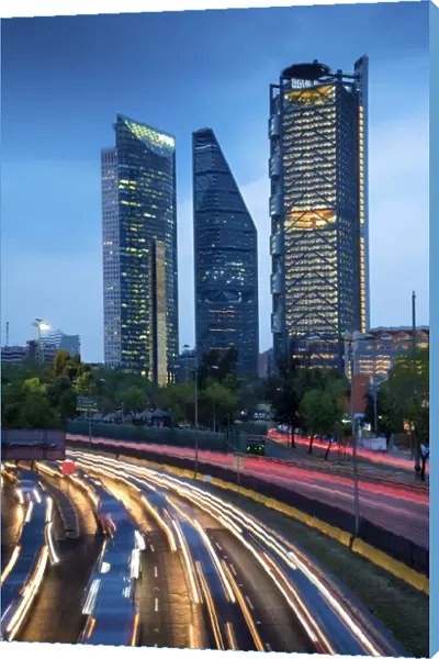 Mexico, Mexico City, Traffic Passes By Mexico Citys Three Towers, Tallest Skyscrapers In The City