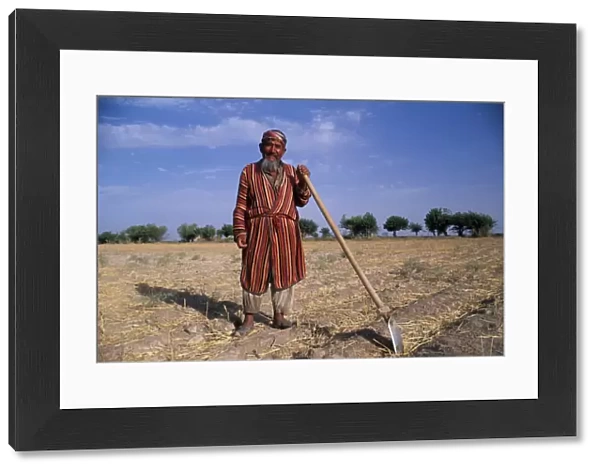 Uzbek man with hoe in a field