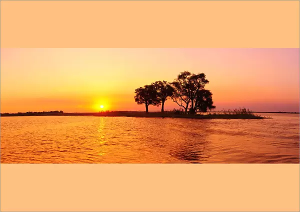 Sunset and Island, Chobe River near Kasane, Africa, Botswana, Chobe National Park