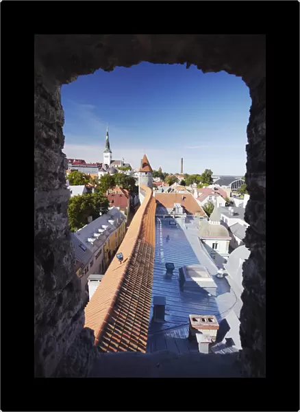 Estonia, Tallinn, View Of Lower Town From Town Wall With Oleviste Church In Background