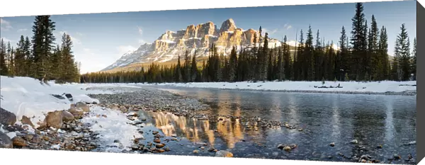 Castle Mountain Reflecting in Bow River in Winter, Banff National Park, Alberta, Canada