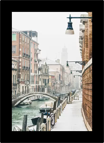 Venice, Veneto, Italy. Canal in Dorsoduro with snow