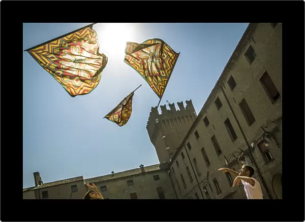 Europe, Italy, Emilia-Romagna. flag swingers of Ferrara