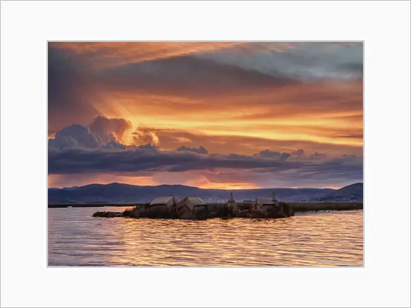 Uros Floating Islands at sunset, Lake Titicaca, Puno Region, Peru