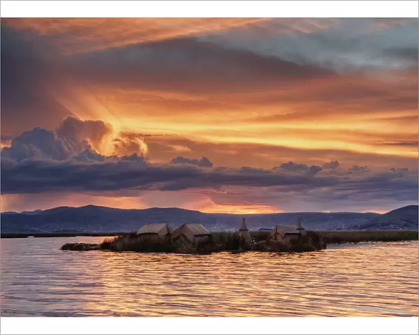 Uros Floating Islands at sunset, Lake Titicaca, Puno Region, Peru