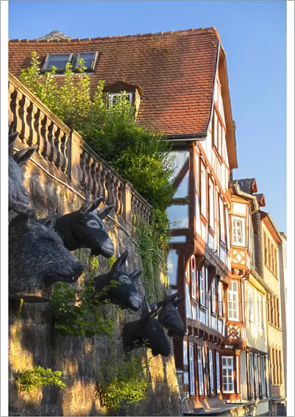 Sculptures of animal heads and half-timbered buildings, Marburg, Hesse, Germany