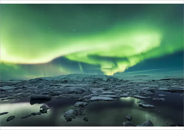Jokulsarlon, East Iceland, Iceland. Northern lights over the glacier lagoon