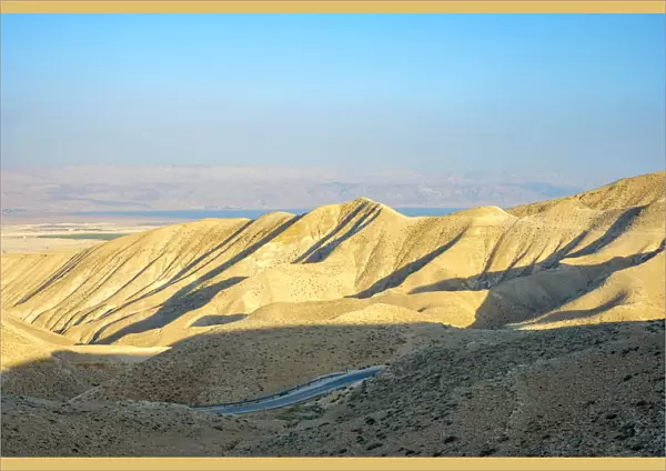 Palestine, West Bank, Jericho. View towards the Dead Sea and Jordan from Wadi Quelt